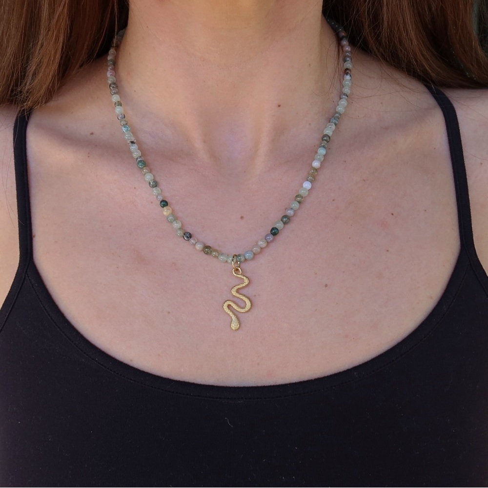 Earth Tone Crystal Jade Beaded Necklace with Gold Snake Charm